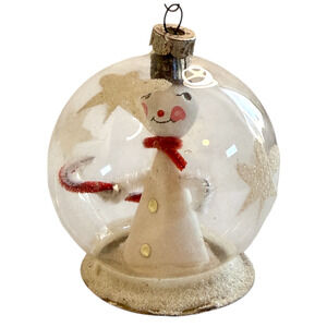 Vintage Diorama Glass Globe Ornament with Mica Snowman Sugar Stars MCM HTF 3.5"
